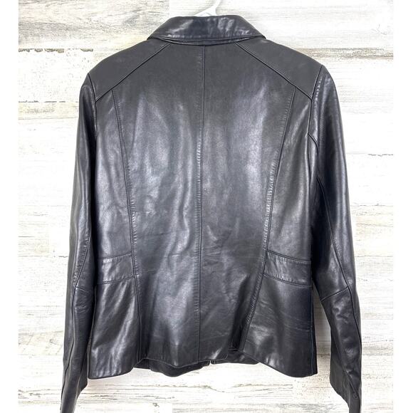 Apt. 9 Womens L Black Lambskin Leather Mid Length Lined Button Front Jacket Coat - Picture 2 of 6